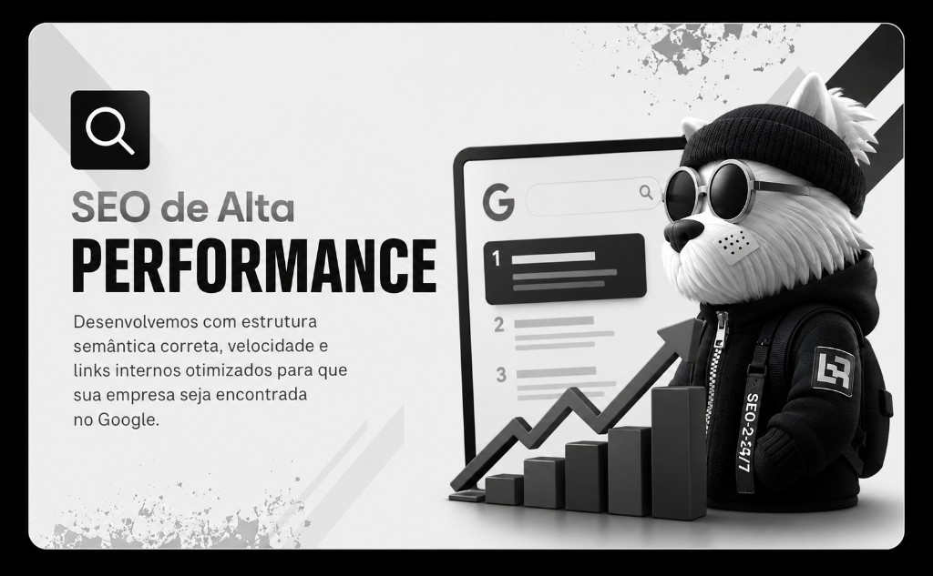 SEO de Alta Performance - Desenvolvemos com estrutura semântica correta, velocidade e links internos otimizados.